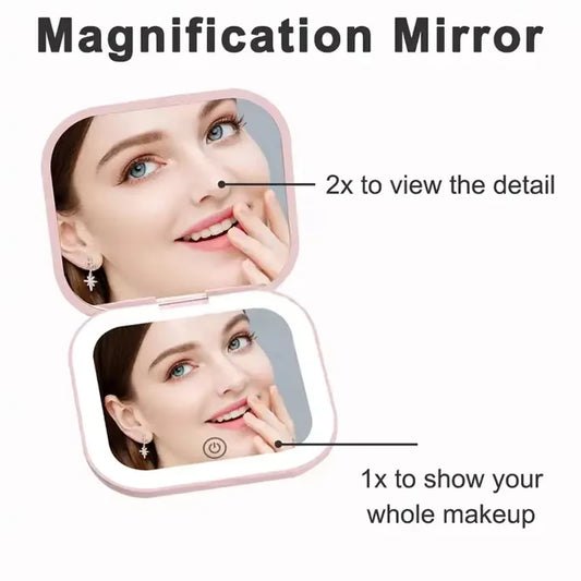 Compact Mirror with Lights, 1X/2X Magnification Portable Folding Handheld Small Pocket LED Travel Makeup Mirror for Gift, Purse